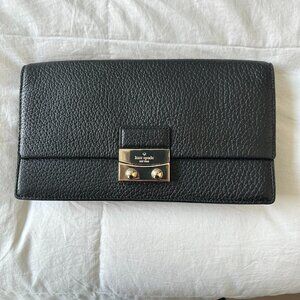 Kate Spade - Black, Pebble Leather Clutch With Embellished Gold Push Lock